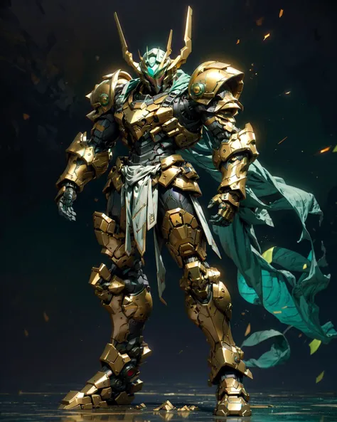 full_body photo of mecha, headgear, (glowing eyes),  
golden_brown armor, sea_turtle_green reflected armor, covered in full silver armor, arknights, wearing thunder armor, intricate assasin mecha armor, greek god in mecha style, grimdark paladin,  
(big mu...