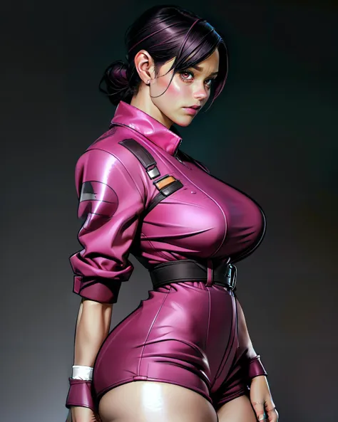 (medium shot:1.4) photo of 1girl, (solo focus:1.2),  side view,
Pink-color hair, short_ponytail-hair, (look at viewer:1.3), gray-color-skin,
make up,amazed,
pink-color (short_jumpsuit),
(gigantic breast), narrow waist, big pelvic, (thick thigh:1.4),
standi...