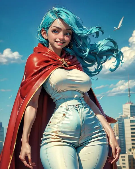 1girl, (skinny muscular),(look at viewer:1.1), big smile,
LightCyan-color hair,
confident, heroicly, 
MediumSeaGreen-color cape-float, (strong wind:1.2),
big breast, narrow waist, wide pelvic, thick thigh,
suit-pants,
blue sky, skyscrapers,
(realistic skin...