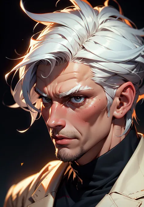 a close up of a man with white hair and a jacket