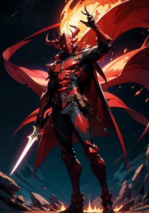 knight, a red aura violently erupts from the whole body, with black big sword targeting the planet in the sky, background open field, full body, masterpiece, V0id3nergy, stars in the background, demon horns