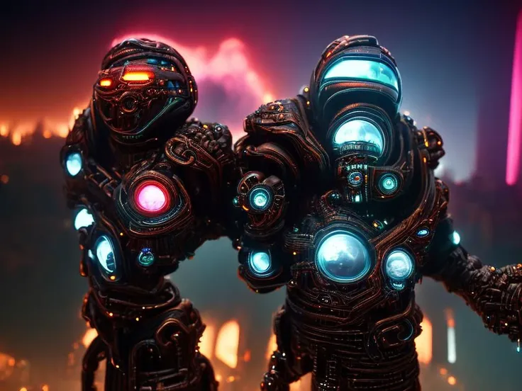 two robots with glowing lights on their arms stand in front of a city