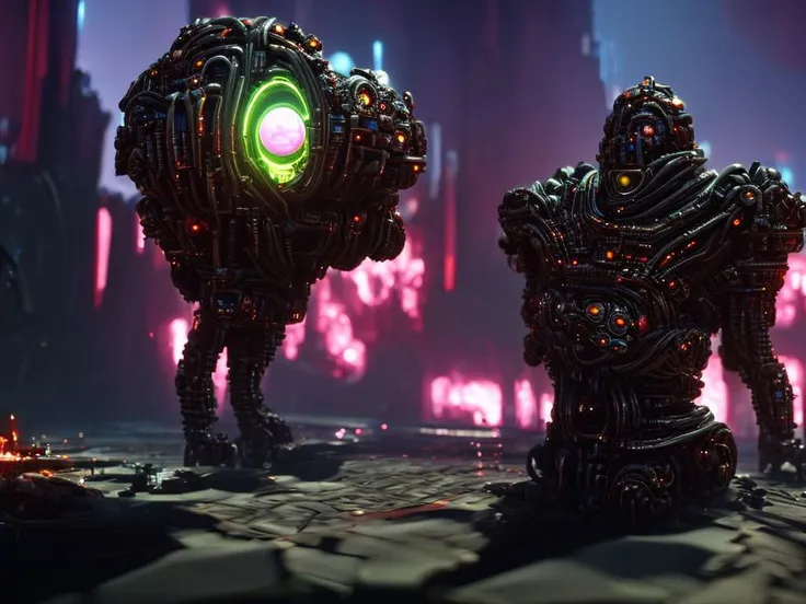 two robots standing in front of a glowing city