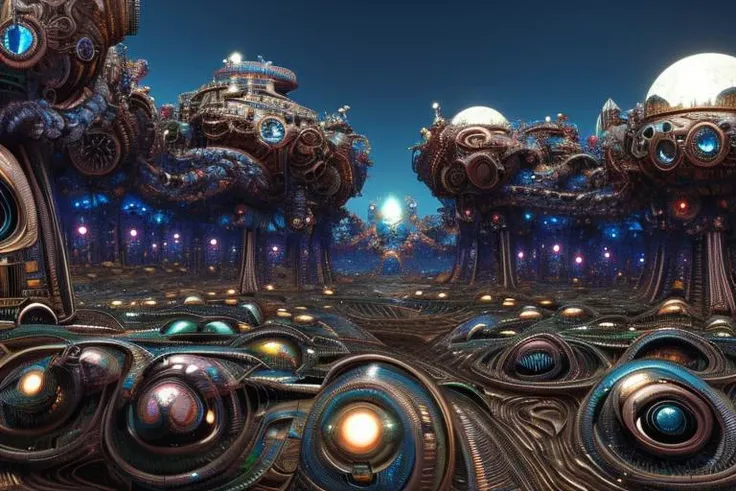 highly detailed vast psychedelic mechanical landscape, ((tensorfunk)), intricate details, 3d octane render, inspired by pepe larraz and federico pelat, dark fantasy, rtx on, steel, chrome