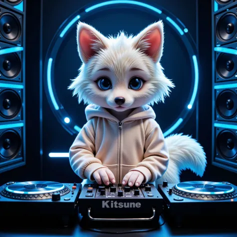 a cute and futuristic scene featuring an adorable anthropomorphic fox, standing at a dj booth. the fox has a fluffy white coat, ...