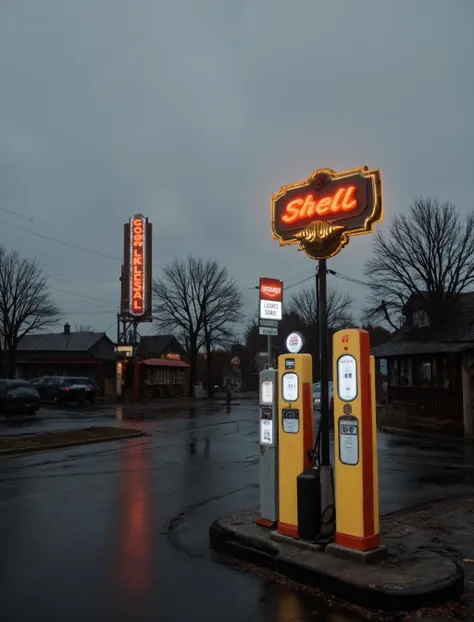 a vintage gas station with retro, neon signs and old-fashioned fuel meters. the sign reads "shell" in the background, with an em...