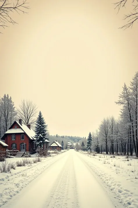 a beautiful winter landscape with vintage houses and trees, snow falling gently on the ground. the background is a soft beige co...