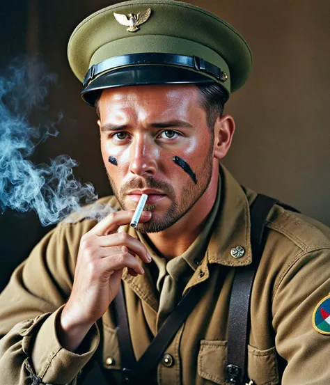 cinematic photo portrait, american ww2 soldier, cigarette, calm pose, face scars, strong face, (sad eyes:0.8), war background, r...