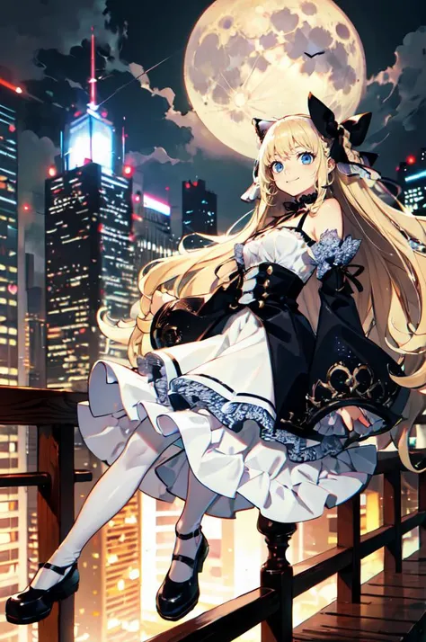 smile,  <lora:ryota-h_style_v01:0.8> white and blue theme, moon, cityscape,, ultra detailed, masterpiece, best quality,, solo, soft smile, light smile,
1girl, blue eyes, very long hair, blonde hair, long blonde hair, french braid, bangs, medium breasts,, h...