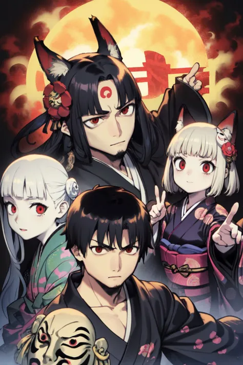 black_hair, mask, red_eyes, flower, japanese_clothes, hair_ornament, multiple_girls, fox_mask, kimono, looking_at_viewer, hair_flower, weapon, long_hair, bangs, pale_skin, multiple_boys, horns, sword, blunt_bangs, makeup, 2girls, noh_mask, wide_sleeves, ou...