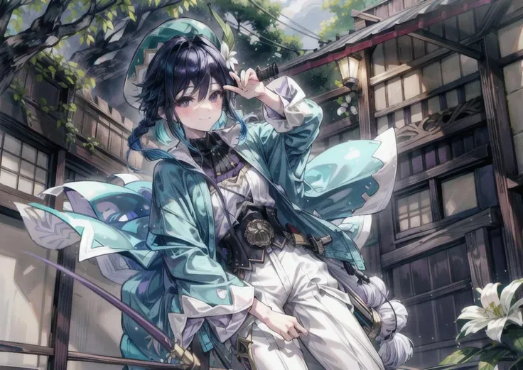 masterpiece,best quality,solo, ultra detailed,purple eyes, otoko no ko  ,(bulge:1.2), (wide hips:1.0),(thick thighs:1.0),, venti, (lyre), black hair, hat, smile, braid,  twin braids, gradient hair, multicolored hair, instrument, , vision (genshin impact), ...