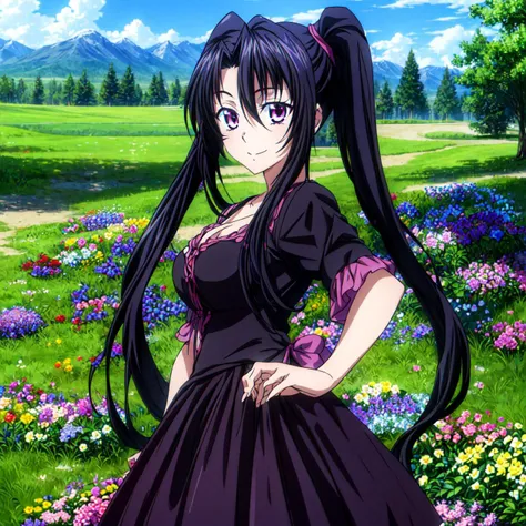 (masterpiece),(best quality),(ultra detail),(beautiful),(detailed hair),1 girl,solo,(Serafall Leviathan dxd),(two ponytails:1.3),dark pink eyes,(black hair),long hair,purple eyes,black dress,smiling,medium breasts,standing,looking at viewer,on the street,o...