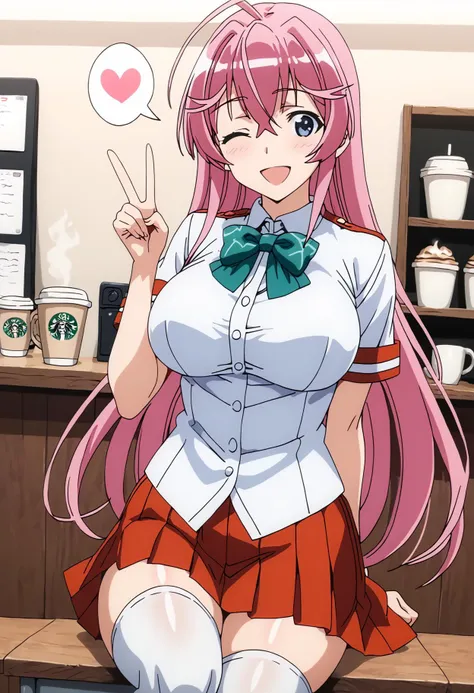 anime girl with pink hair and a white shirt and red skirt