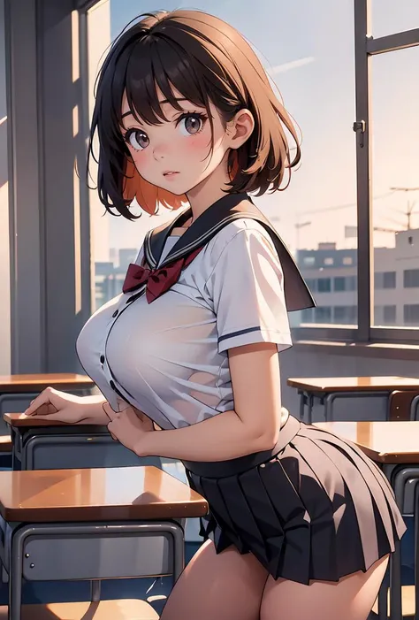 anime girl in school uniform posing in front of desks