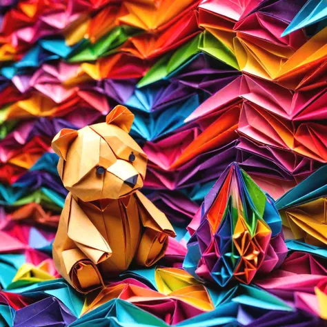 a close up of a teddy bear sitting on a pile of folded origami