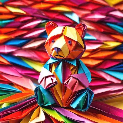 brightly colored origami bear sitting on colorful paper