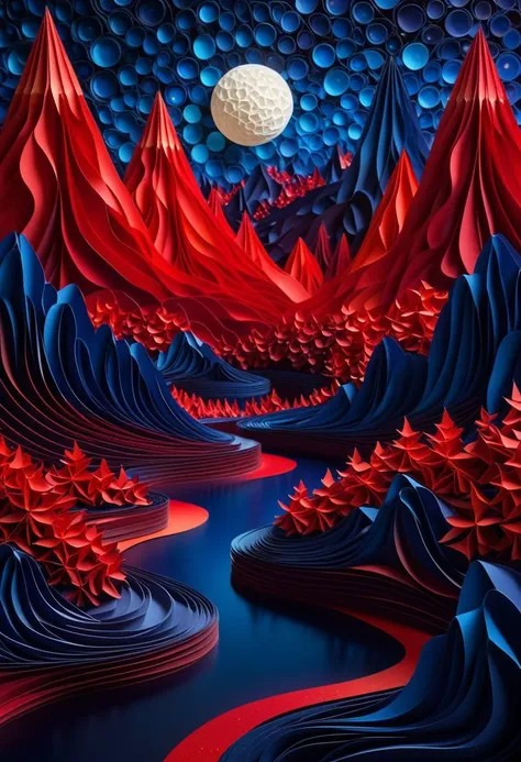 a digital painting of a mountain with red and blue shapes