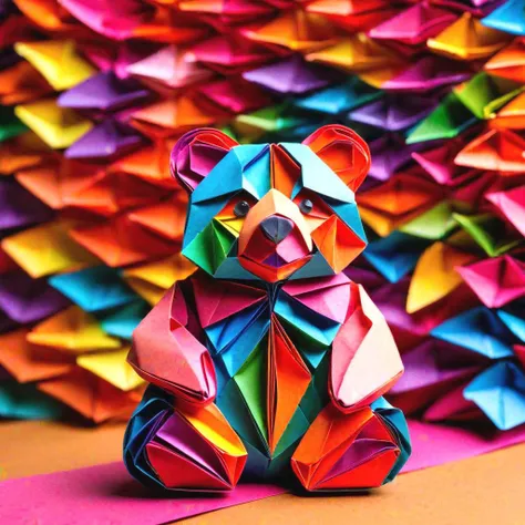 a close up of a colorful origami bear sitting on a pink surface