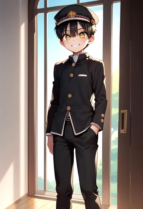 anime boy in uniform standing in front of a window