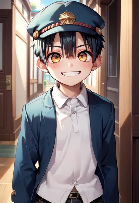 anime boy in uniform standing in hallway with open door