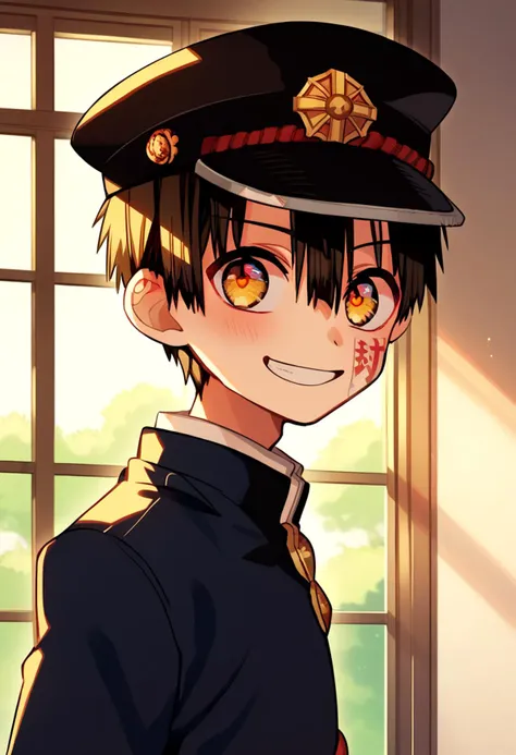 anime boy in uniform with yellow eyes and a black hat