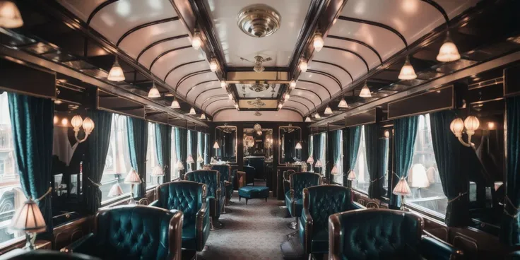 a close up of a train car with a lot of chairs