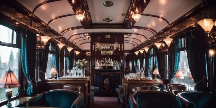 a close up of a train car with a bar and chairs