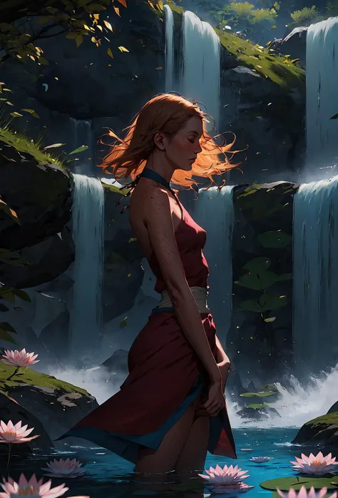 painting of a woman in a red dress standing in front of a waterfall