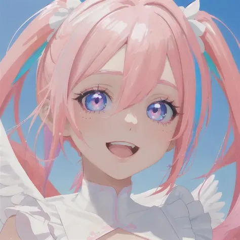8k beautiful girl like an Angel pink hair,blue sky,rainbow ,best quality , masterpiece, close up, ultra detailed,vibrant color,:D