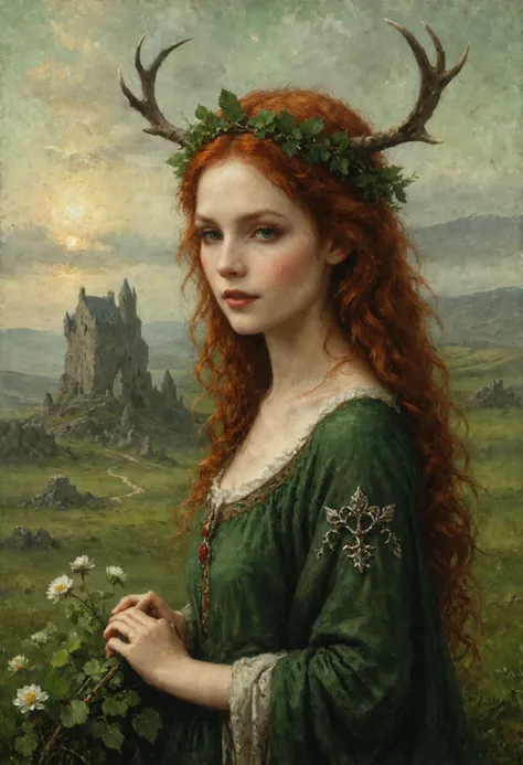 An digital illustration drawing masterpiece with intricate details and the best quality art by, (petrus van schendel) (hans larwin) and (dorian cleavenger), (luis royo) a attractive alluring beautiful irish druid woman with auburn red hair, delicate face w...