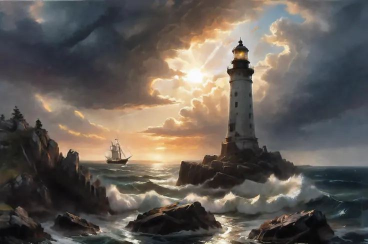 oil painting on canvas,  old lighthouse atop rocky shore, large waves crashing on rocks, stormy sea, dramatic sky,  setting sunset on horizon,  god rays, sunbeams,  sunset sky, tall ship sailing by,
classic composition, cinematic scene <lora:LaxpeintXL:1>