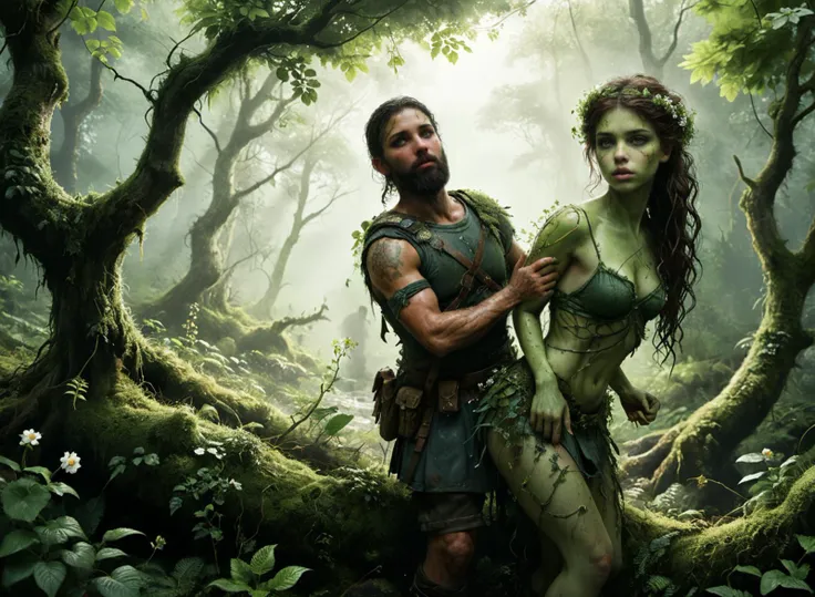 arafed image of a man and a woman in a forest