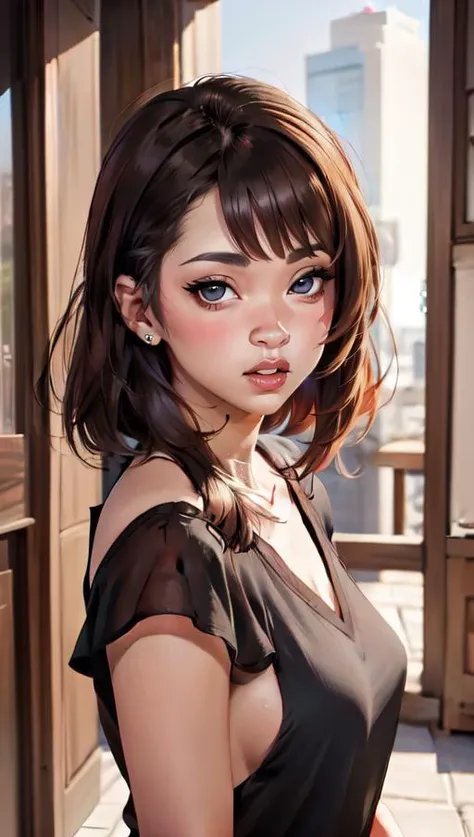 masterpiece, best quality, 1girl, standing,  mature female, blunt bangs, brown eyes, light brown hair, open window, flower, upper body, outdoors,   <lora:half_buzzcut_hairstyle:0.5> half_buzzcut_hairstyle