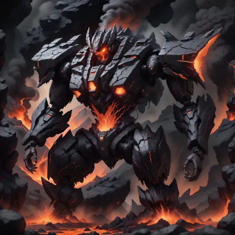 <lora:Worldofbrimstone:1>, worldofbrimstone, brimstone, flowing lava, battle mecha, jagged rocky parts, volcanic background, eruptions,