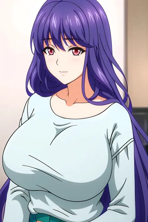 a close up of a person with long purple hair and a white shirt