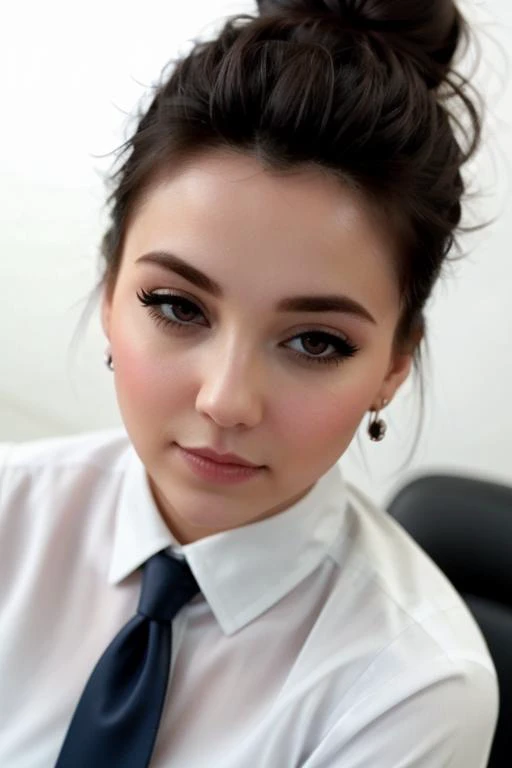 , photo of a woman, (epic) , perfect hair, eye contact, facing camera, beautiful perfect skin, ((hair up, hair in bun, busy office)), (modern photo, necktie, shirt), 24mm, (analog, cinematic, film grain:1.3), , detailed eyes, (upper body), (looking at view...