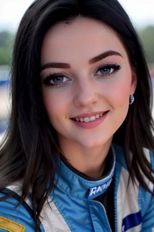 ,photo of a woman, epic, , ((nascar uniform, nascar jumpsuit, racetrack, race car, outdoors)),smiling, (red lipstick, blush), ((best quality, masterpiece, extreme details, high resolution):1.2),((detailed eyes, beautiful eyes, detailed face, beautiful face...