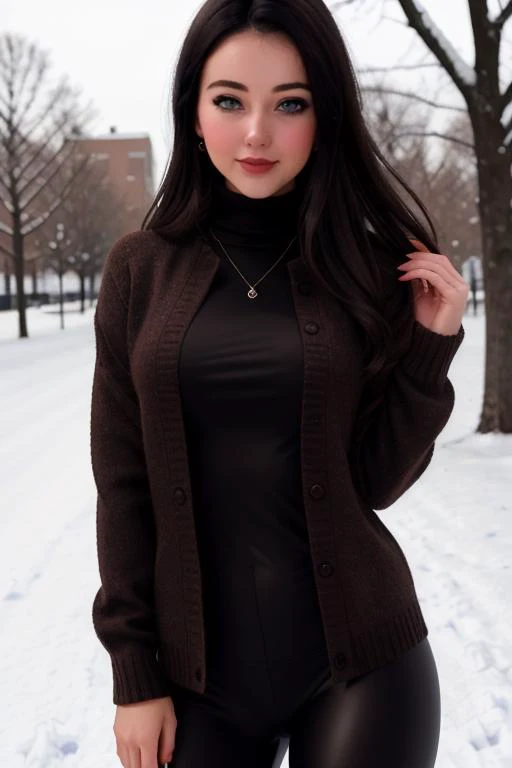 , photo of a woman, (epic), , ((dark brown hair)), ((turtleneck sweater, jacket, leggings, snow, city)),smiling, (red lipstick, blush), ((best quality, masterpiece, extreme details, high resolution):1.2),((detailed eyes, beautiful eyes, detailed face, beau...