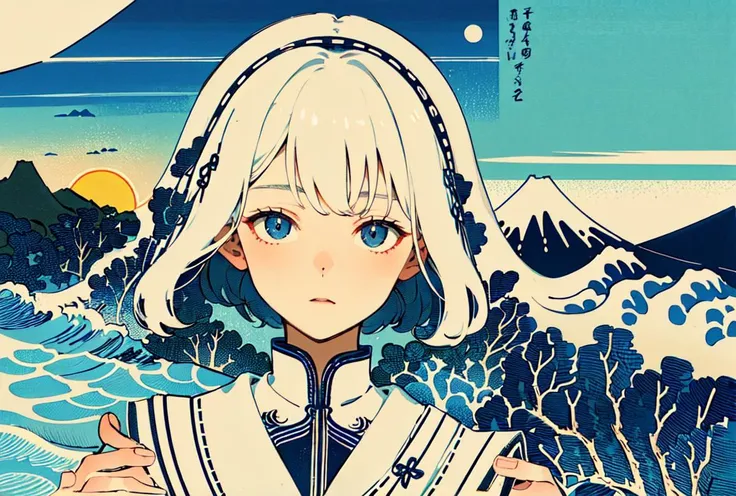 ((masterpiece)), ((high detail)),((ultra-detailed)),((delicate face)),A wave, a mountain, a sun rising over the horizon, complex clouds, 1 girl,white hair,<lora:fuyuestylenew-000010:1:ALL>