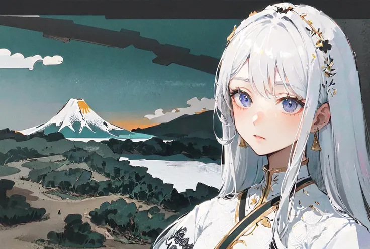 anime girl with long white hair and blue eyes standing in front of a mountain