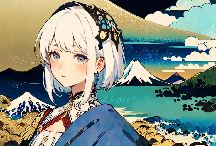 anime girl with white hair and blue eyes standing in front of a mountain