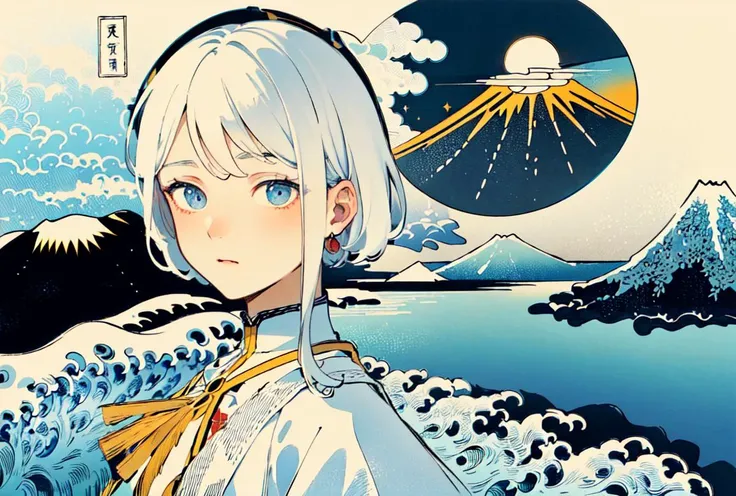 anime girl with white hair and blue eyes standing in front of a mountain