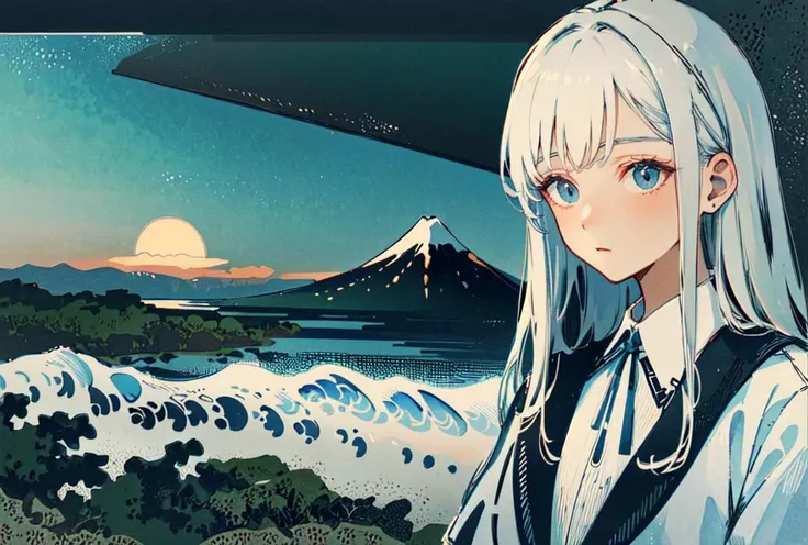 anime girl with long white hair and blue eyes standing in front of a mountain