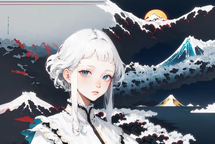 anime girl with white hair and blue eyes standing in front of a mountain