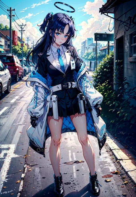 anime girl with angel wings and a blue dress on a street