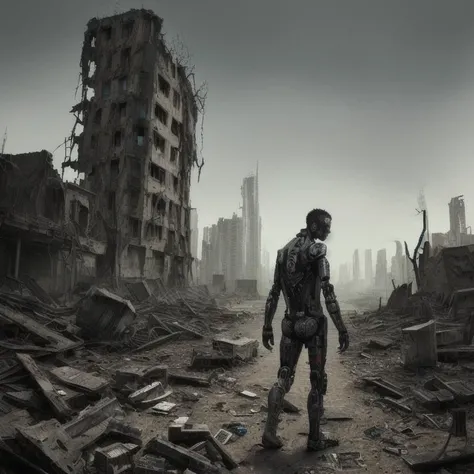 A man in a robocuit in a ruined post-apocalyptic world, a ruined city