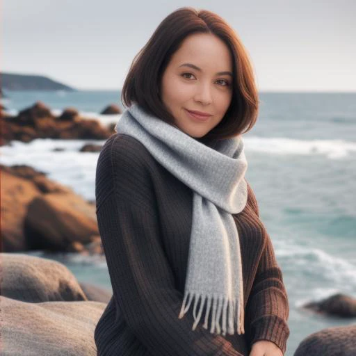 a woman in a sweater and scarf on the background of sea rocks