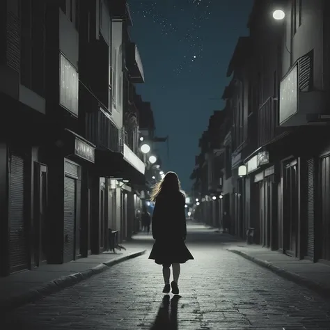 A girl walks down a city street, the night moonlit sky