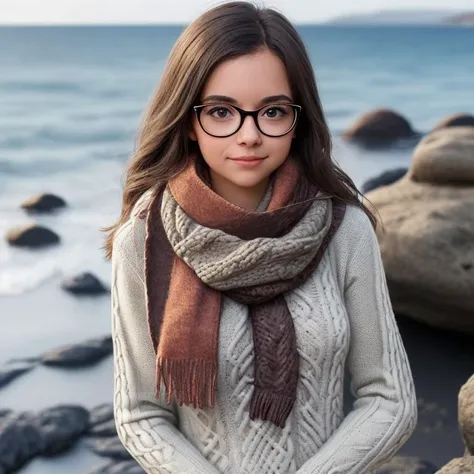 a girl in glasses, a sweater and a scarf on the background of sea rocks