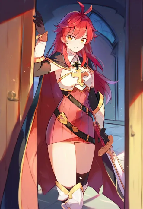 a woman in a red dress holding a sword and a sword